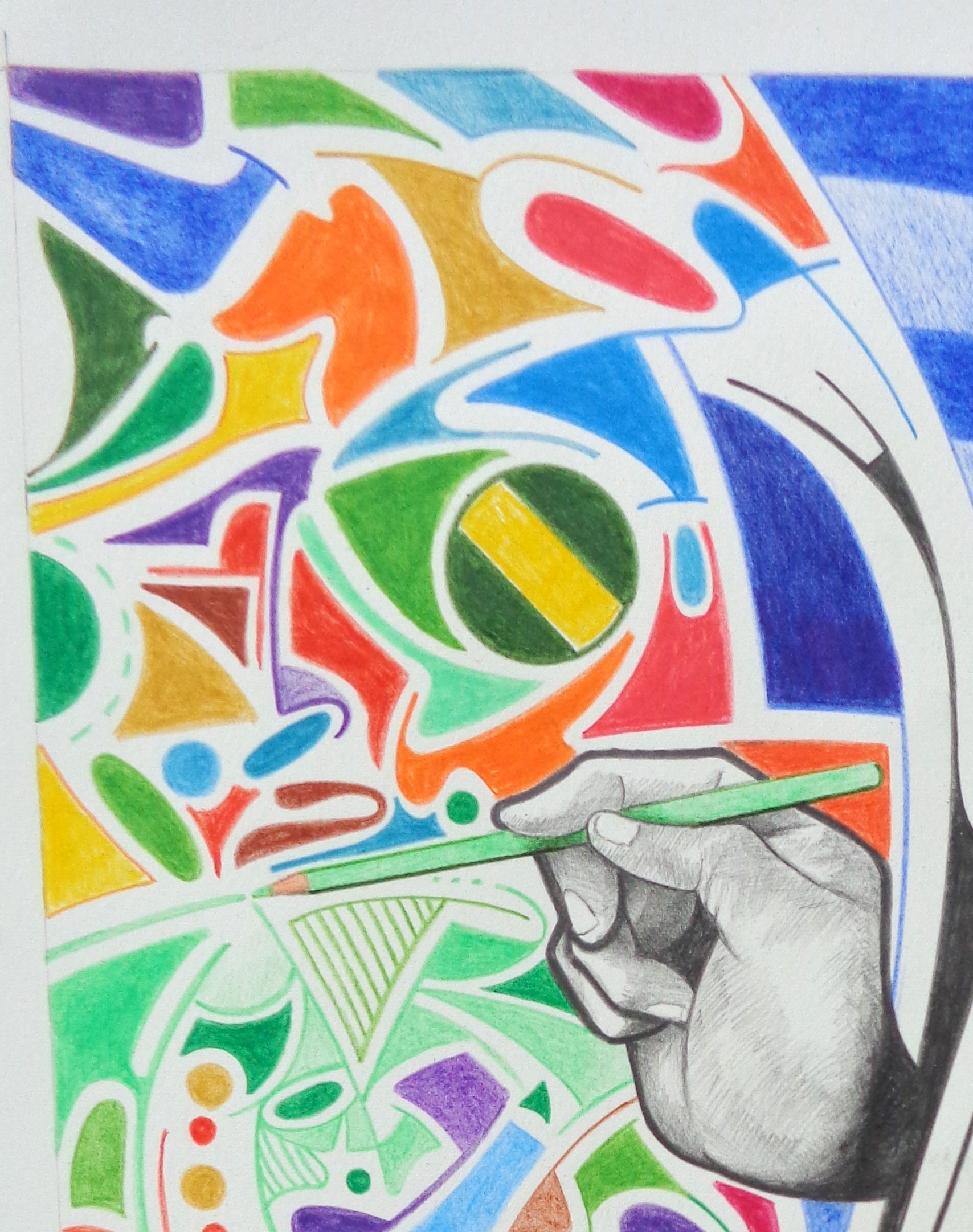 A painting of an illustrative-style hand gripping a paint brush and creating an abstract image in bright jewel tones.